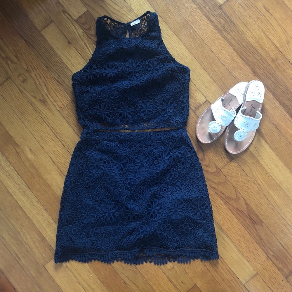 2 Piece Navy Lace Crop Top and Skirt EUC